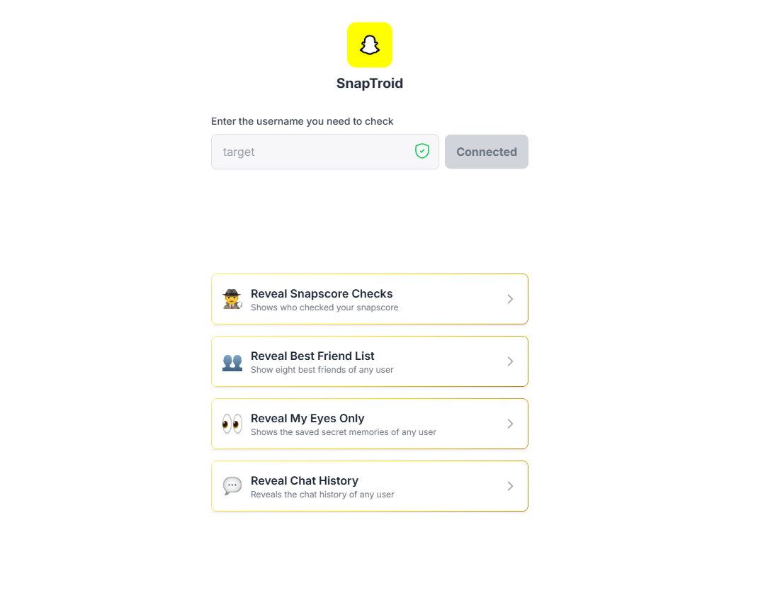 A user interface showing the SnapTroid web tool downloading a public Snapchat story.